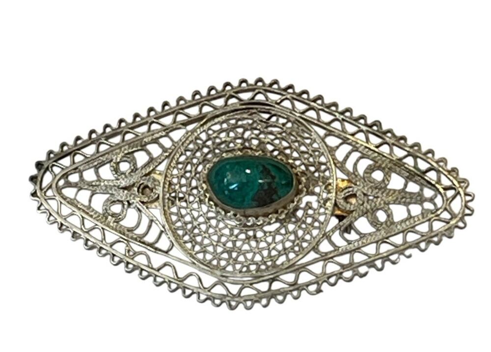 VINTAGE Sterling Silver 935 Eliat Green Stone BROOCH PIN Filigree ISRAEL 2 3/8”